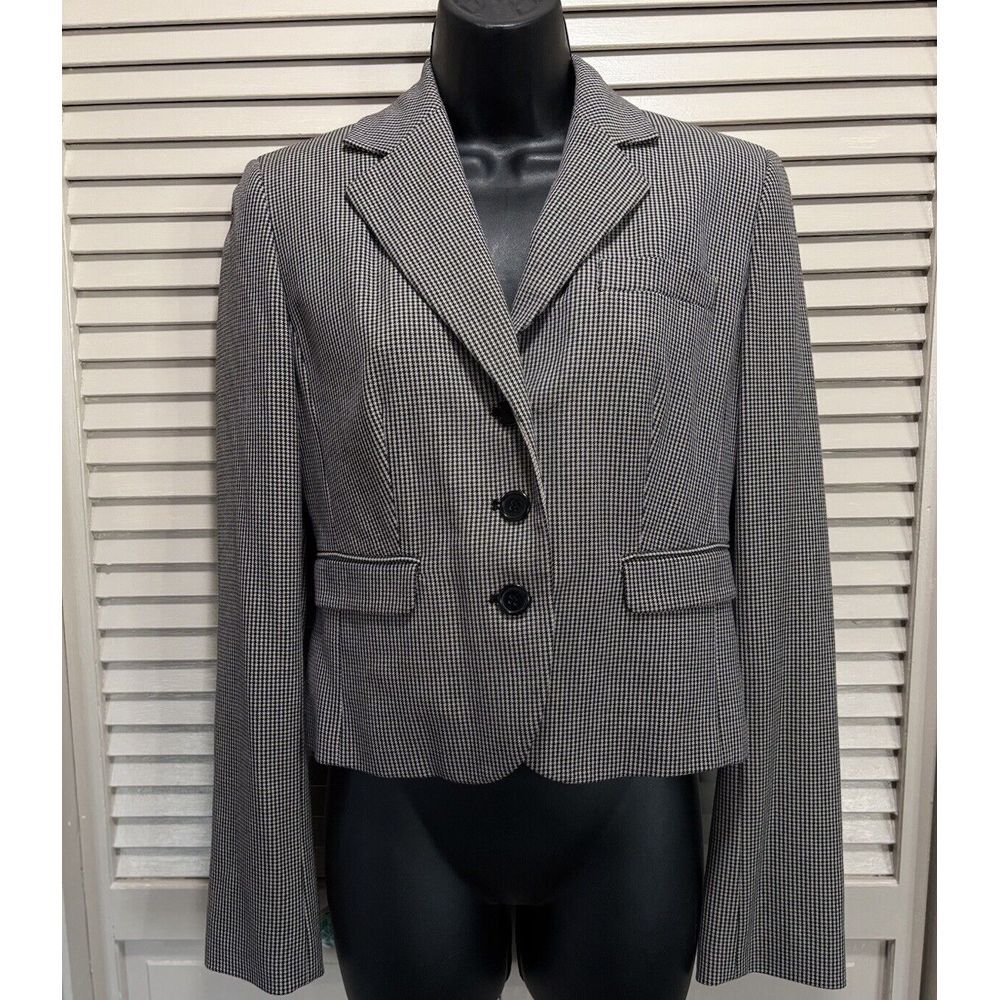 Ann‎ Taylor LOFT Collar V-Neck Black/White Tiny Houndstooth Button Blazer Sz 2